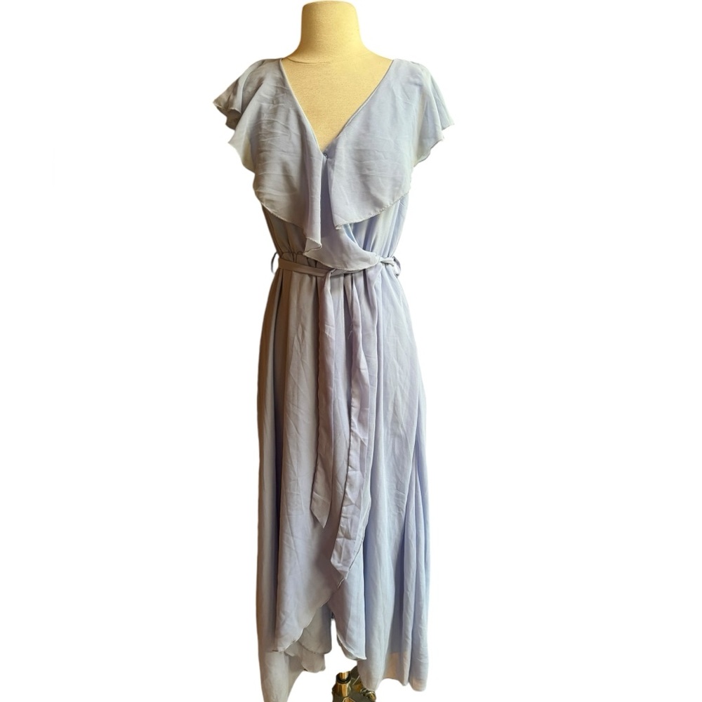 Simplee Apparel Light Blue High-Low Ruffle Wrap Dress